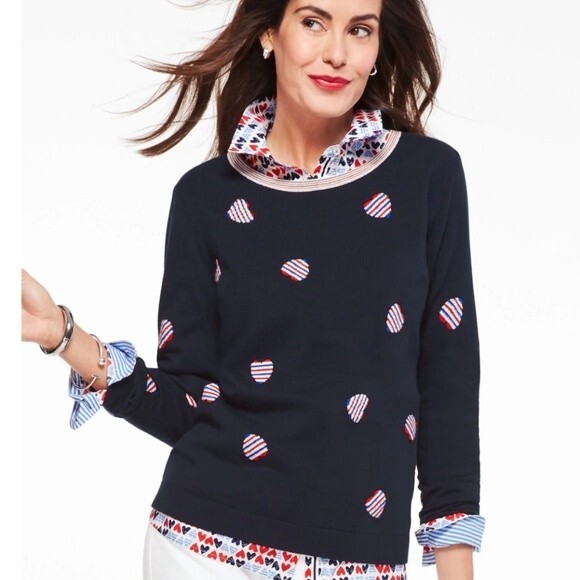 Talbots NWT Size 0x Blue Sweater with Heart Print and Bow tie back - Picture 1 of 8